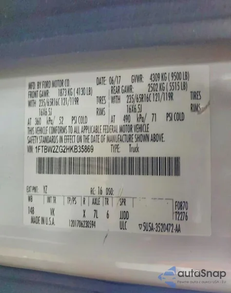 2017 Ford Transit из США, поврежденный, VIN 1FTBW2ZG2HKB35869